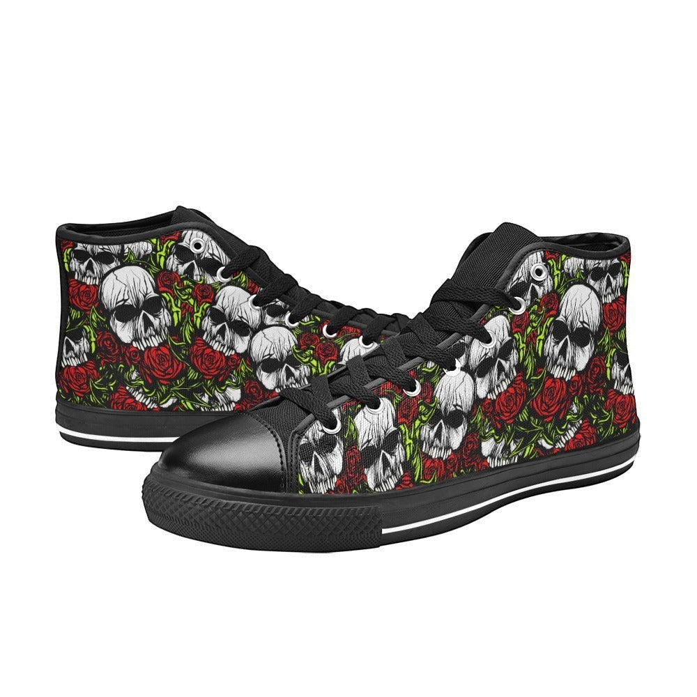 Freaky Shoes custom art sneakers with skull and red rose print, made to order wearable art