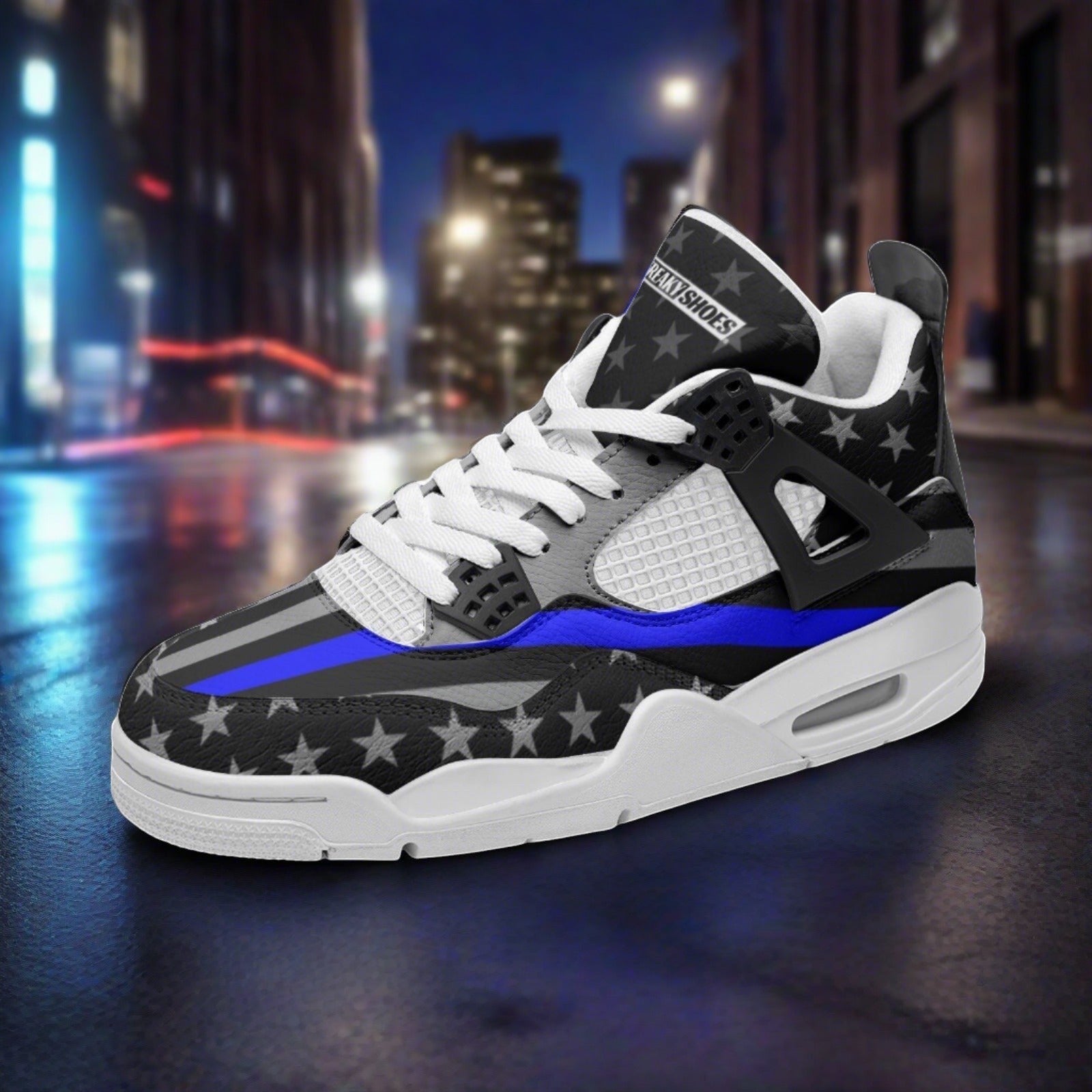 Patriotic Thin Blue Line Flag high-top canvas shoes, custom full-wrap printed design — Freaky Shoes
