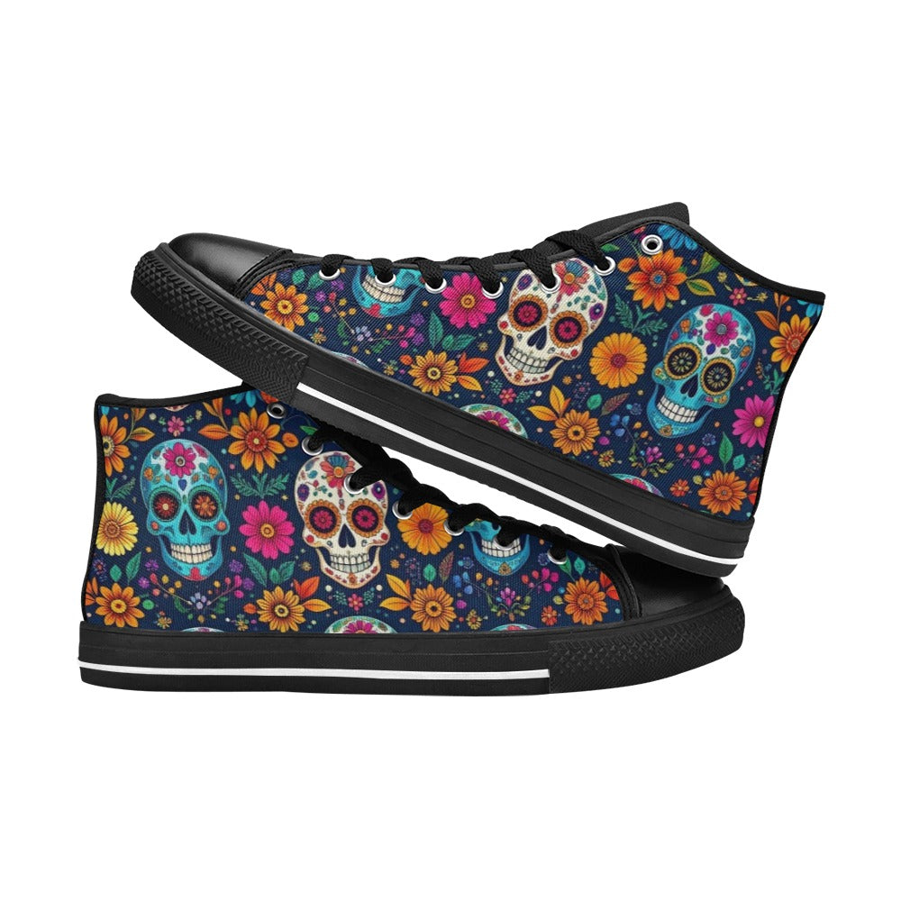 WOMEN'S Rainbow Sugar Skull Weave High Top Canvas Cottagecore Custom Sneakers