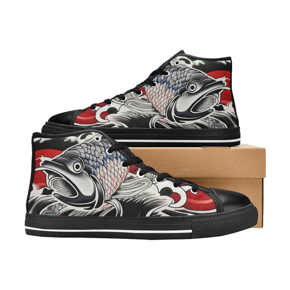 WOMEN'S Japanese Fish Art 3 High Top Canvas Grunge Custom Sneakers