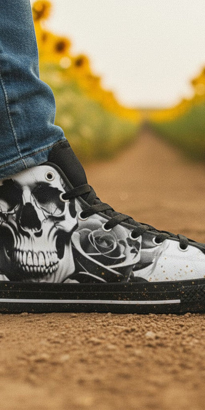 Custom Men's Cartoon Skulls & Roses Black & White high-top canvas shoes with bold all-over art — Freaky Shoes