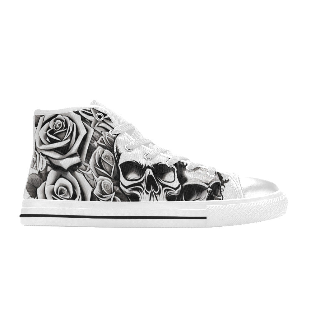 WOMEN'S Skull Roses Black White High Top Canvas Wallpaper Art Custom Sneakers