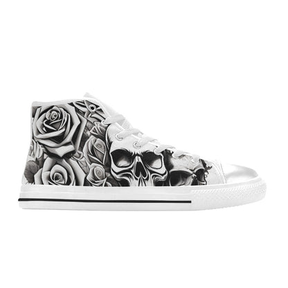 WOMEN'S Skull Roses Black White High Top Canvas Wallpaper Art Custom Sneakers