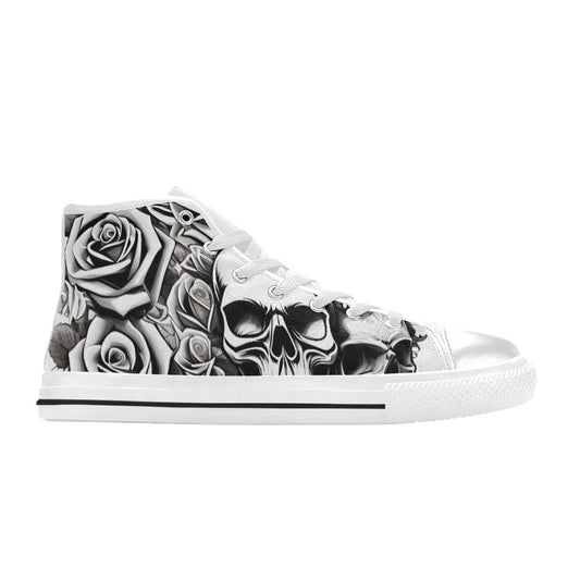 WOMEN'S Skull Roses Black White High Top Canvas Wallpaper Art Custom Sneakers