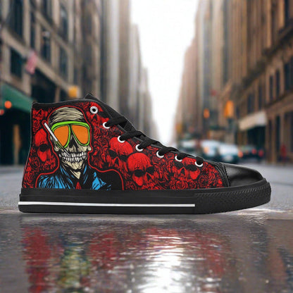 Women's Skull Red hand-made high-top canvas shoes — unique wearable art by Freaky Shoes