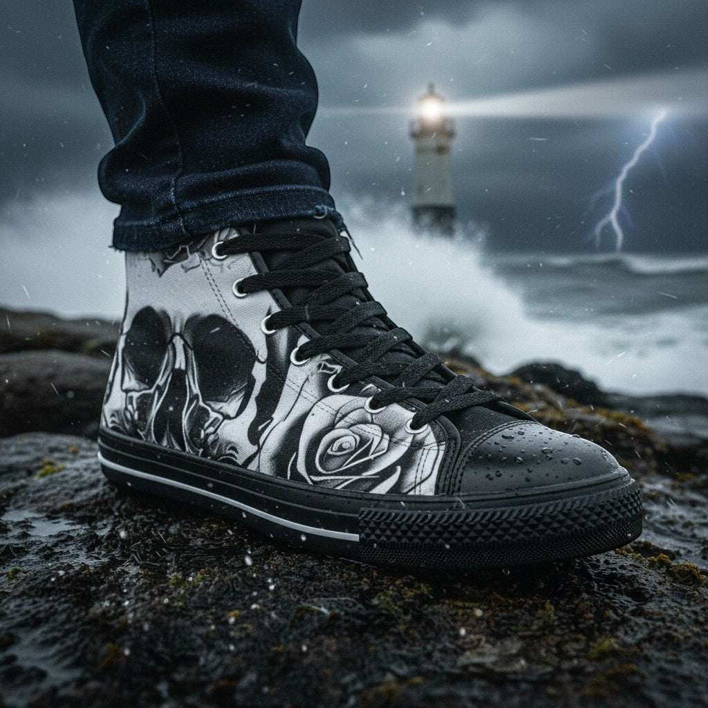 Custom Women's Grey Skull & Roses Black & White high-top canvas shoes with bold all-over art — Freaky Shoes