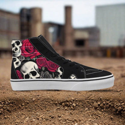 Men's 8x Skulls & Roses custom high-top canvas shoes — wearable art by Freaky Shoes