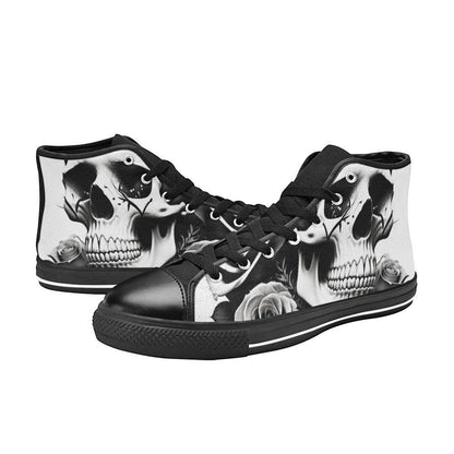 Freaky Shoes custom art sneakers with black and white skull art and roses, made to order