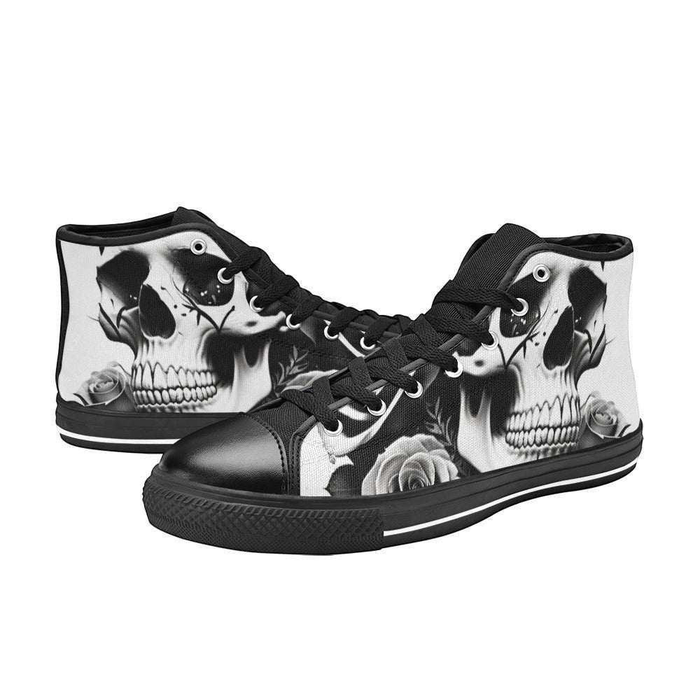 Freaky Shoes custom art sneakers featuring black and white skull art with roses, made to order