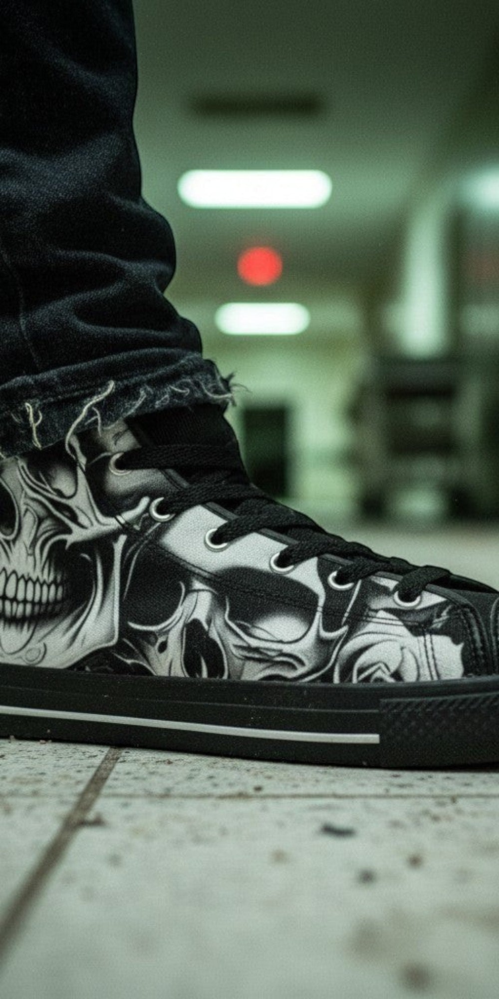 Custom Men's Cartoon Skulls & Roses high-top canvas shoes with bold all-over art — Freaky Shoes