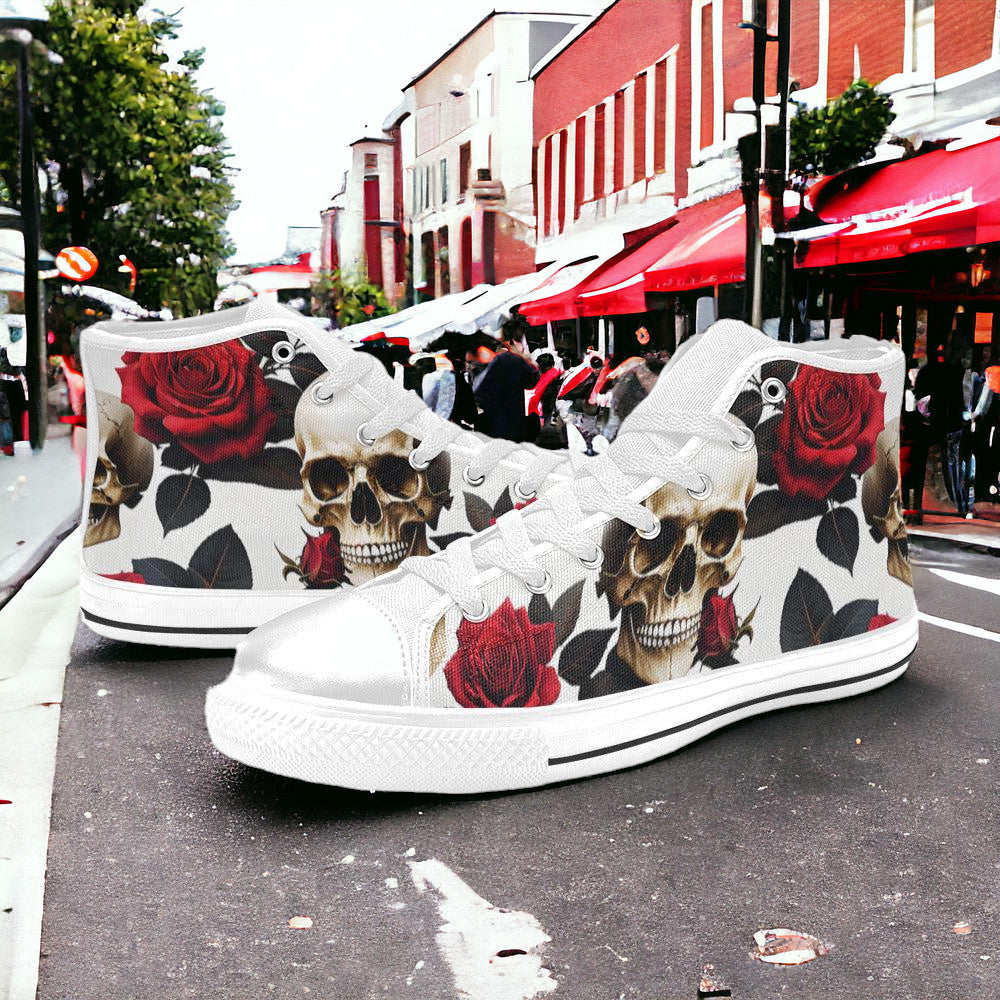 Custom Women's Skulls Roses Deluxe high-top canvas shoes with bold all-over art — Freaky Shoes