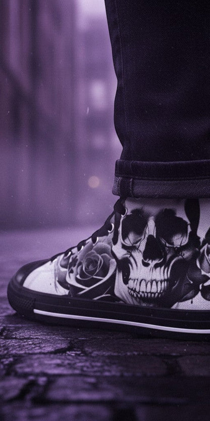 Men's Cartoon Skulls & Roses Black & White high-top canvas shoes — one-of-a-kind custom printed art, Freaky Shoes