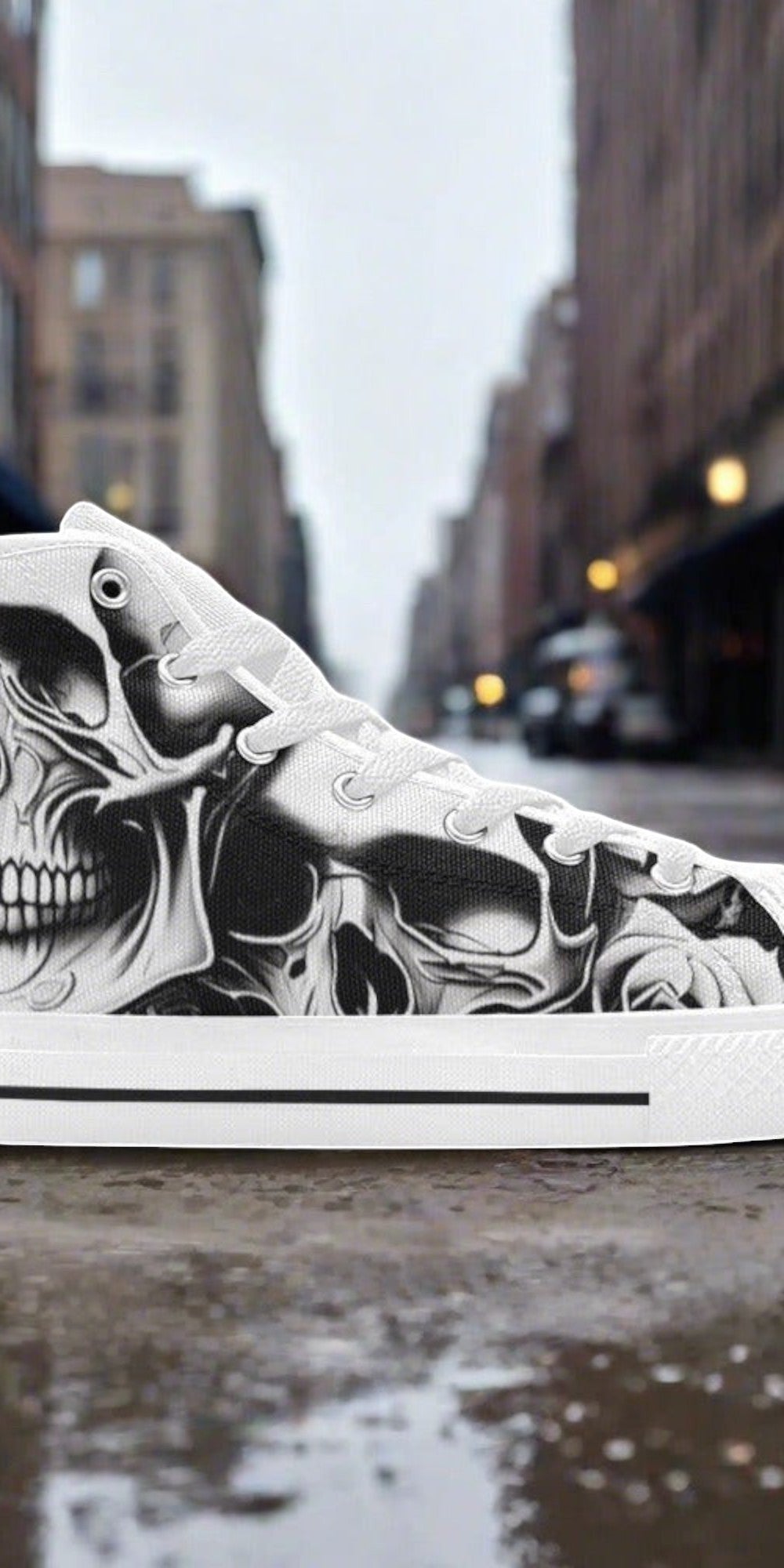 Women's Cartoon Skulls & Roses high-top canvas shoes, custom full-wrap printed design — Freaky Shoes