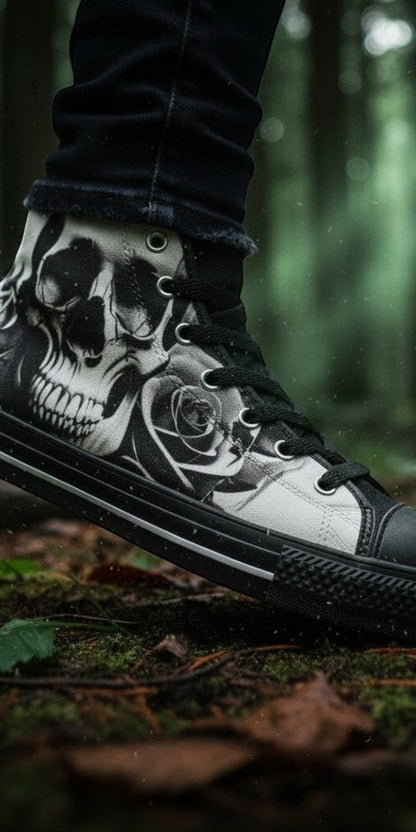 Men's Cartoon Skulls & Roses Black & White high-top canvas shoes, custom full-wrap printed design — Freaky Shoes