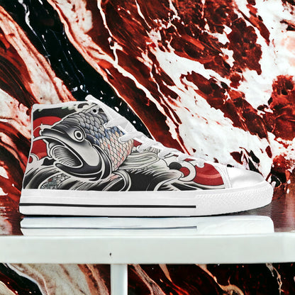 Men's Japanese Fish Art high-top canvas shoes, custom full-wrap printed design — Freaky Shoes