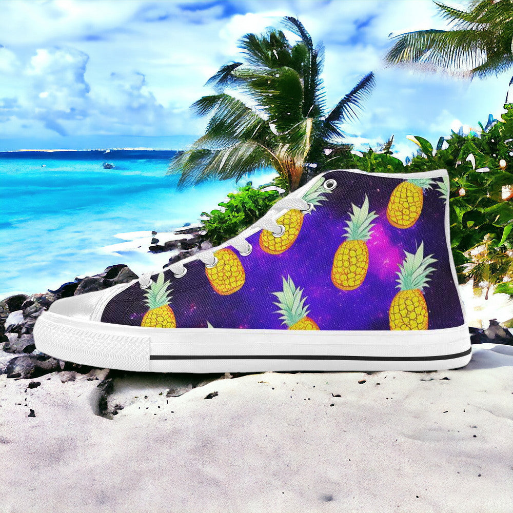 Men's Galaxy Pineapples high-top canvas shoes, custom full-wrap printed design — Freaky Shoes