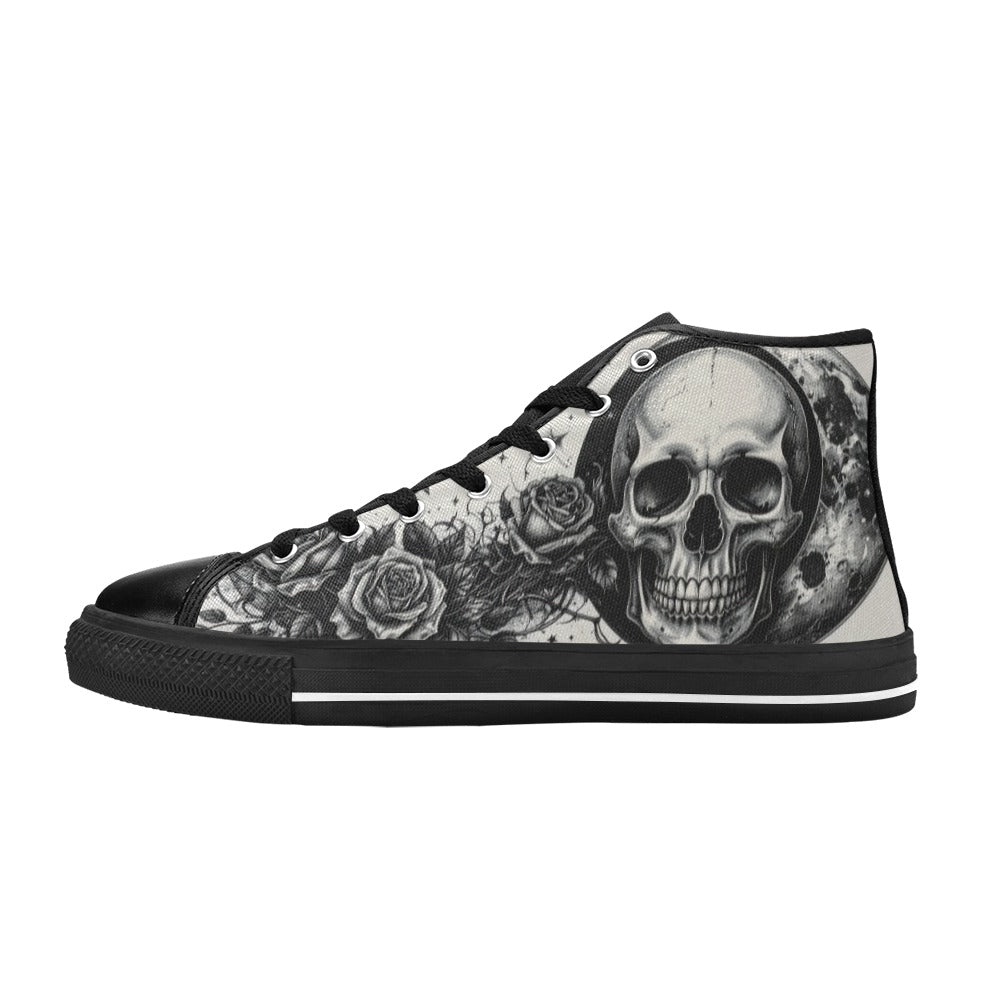 Monochrome Rose Skull Women's Gothic Dark Art High Top Canvas Shoes | Freaky Shoes®
