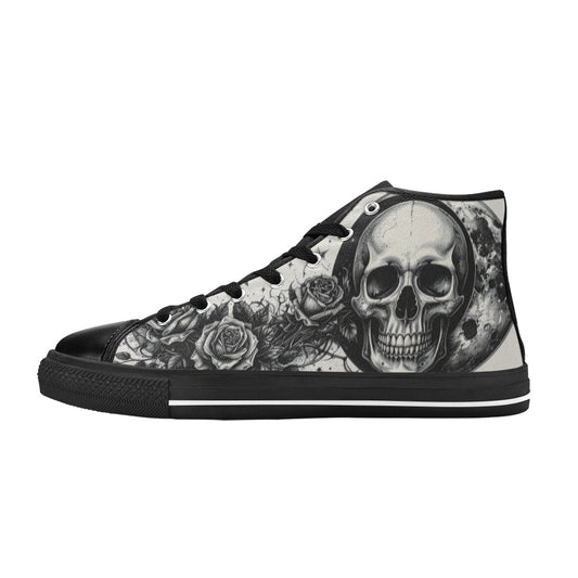 Monochrome Rose Skull Women's Gothic Dark Art High Top Canvas Shoes | Freaky Shoes®