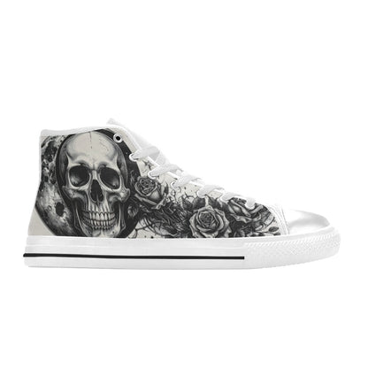 Grey Rose Monochrome Skull Women's Dark High Top Canvas Shoes | Freaky Shoes®