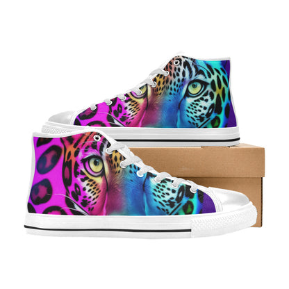 WOMEN'S Colored Leopard Print Art High Top Canvas Vibrant Chaos Sneakers