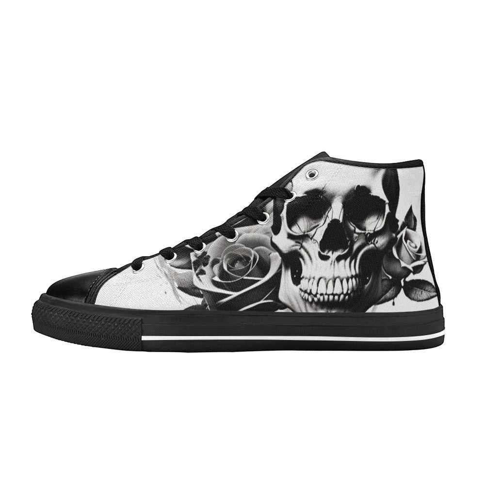 Freaky Shoes custom art sneakers featuring black and white skull art with roses, made to order