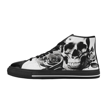 Freaky Shoes custom art sneakers with black and white skull and rose design, made to order