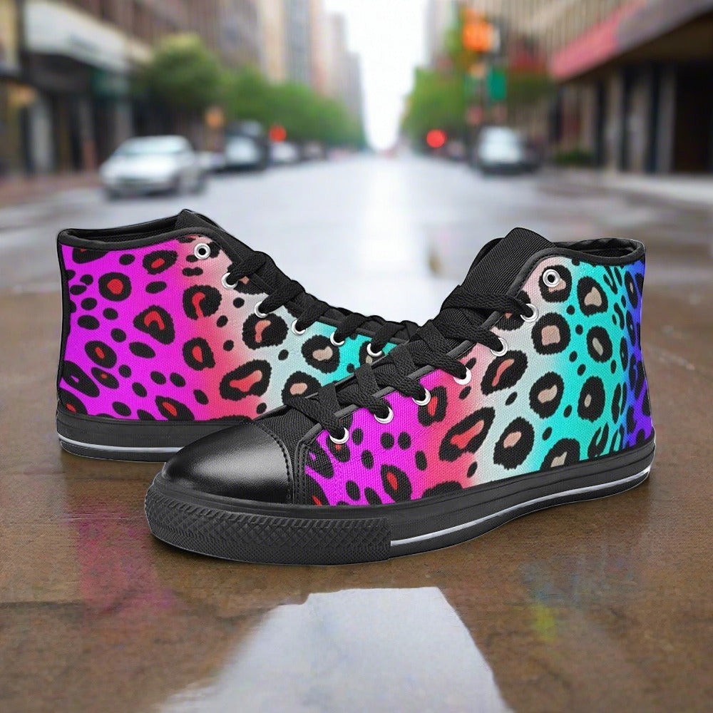 Women's Colored Leopard Art custom high-top canvas shoes — wearable art by Freaky Shoes