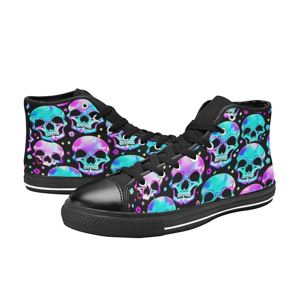Freaky Shoes custom art sneakers with holographic skull art in neon pink and teal, made to order