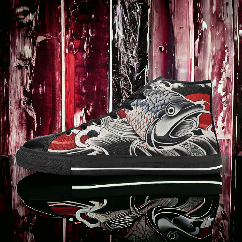 Men's Japanese Fish Art hand-made high-top canvas shoes — unique wearable art by Freaky Shoes