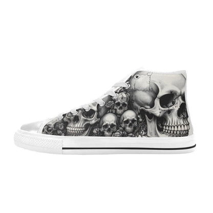 Freaky Shoes custom art sneakers with detailed black and white skull art, made to order