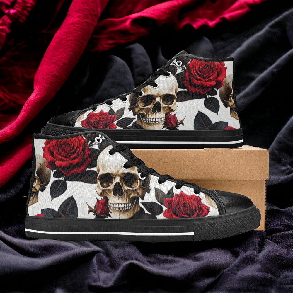 Women's Skulls Roses Deluxe custom high-top canvas shoes — wearable art by Freaky Shoes