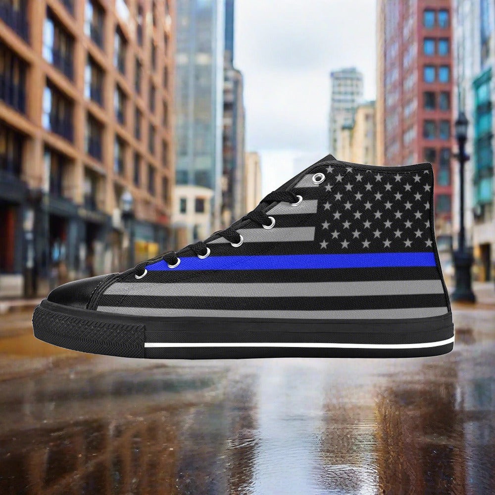 Men's Thin Blue Line Flag Themed custom high-top canvas shoes — wearable art by Freaky Shoes