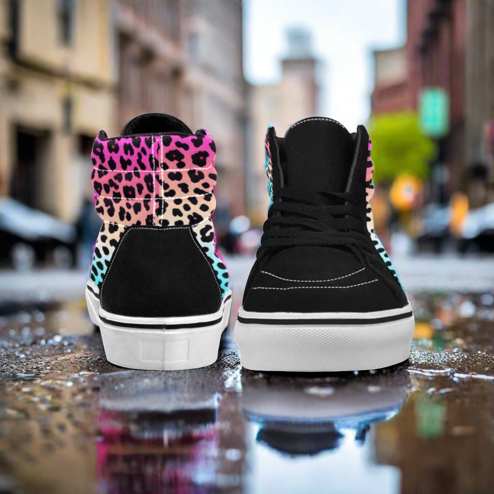 Custom Men's Gradient Leopard high-top canvas shoes with bold all-over art — Freaky Shoes