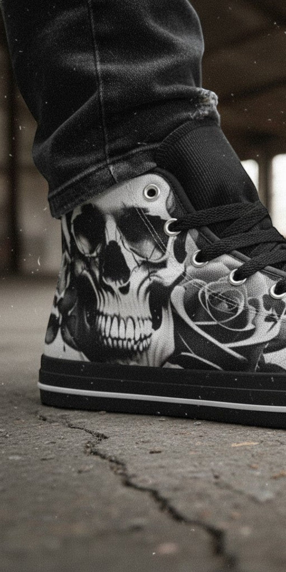 Men's Cartoon Skulls & Roses Black & White hand-made high-top canvas shoes — unique wearable art by Freaky Shoes