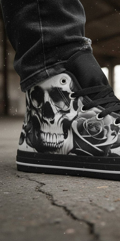 Men's Cartoon Skulls & Roses Black & White hand-made high-top canvas shoes — unique wearable art by Freaky Shoes