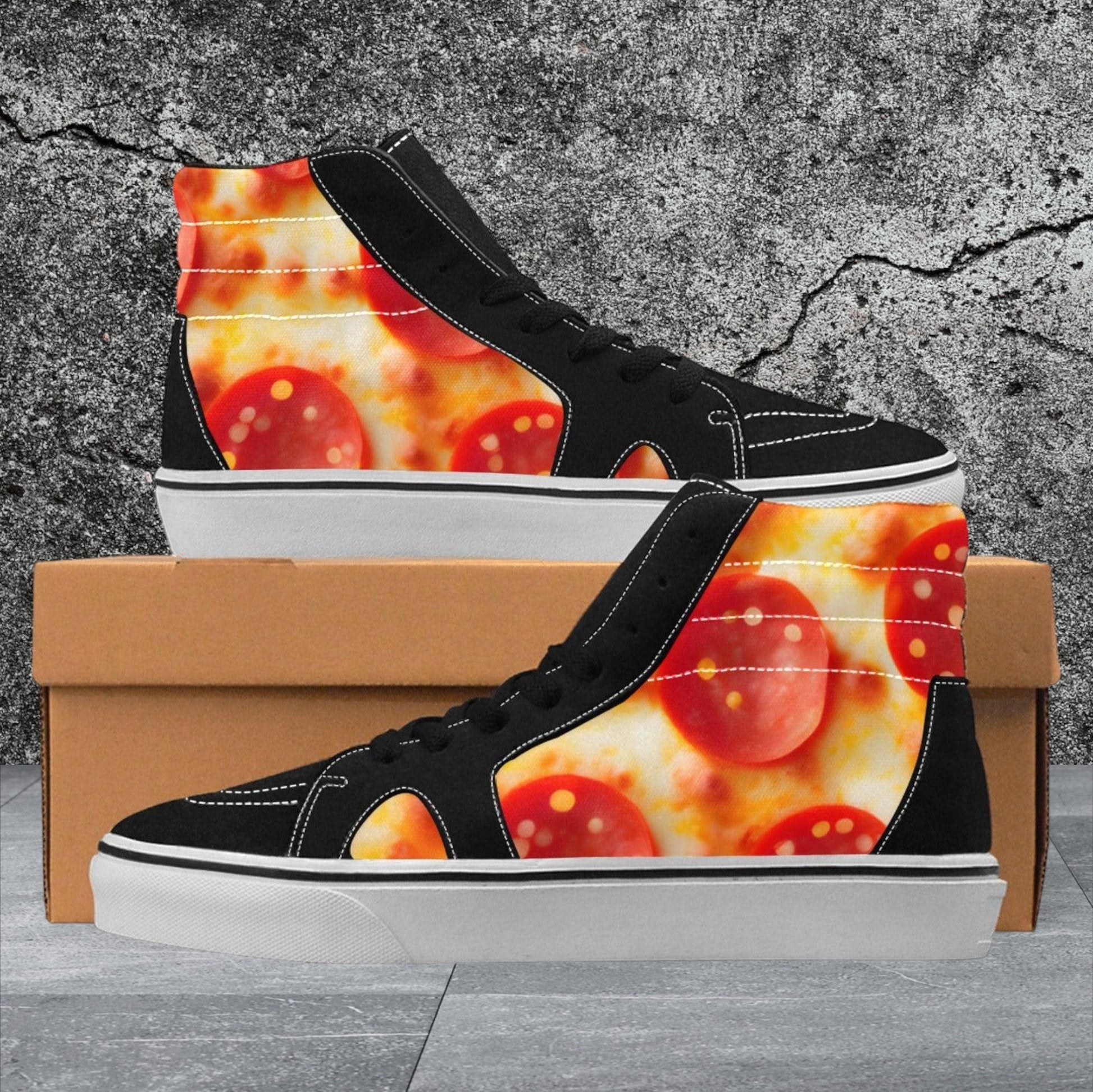 Men's Pepperoni Pizza Cheese Closeup custom high-top canvas shoes — wearable art by Freaky Shoes