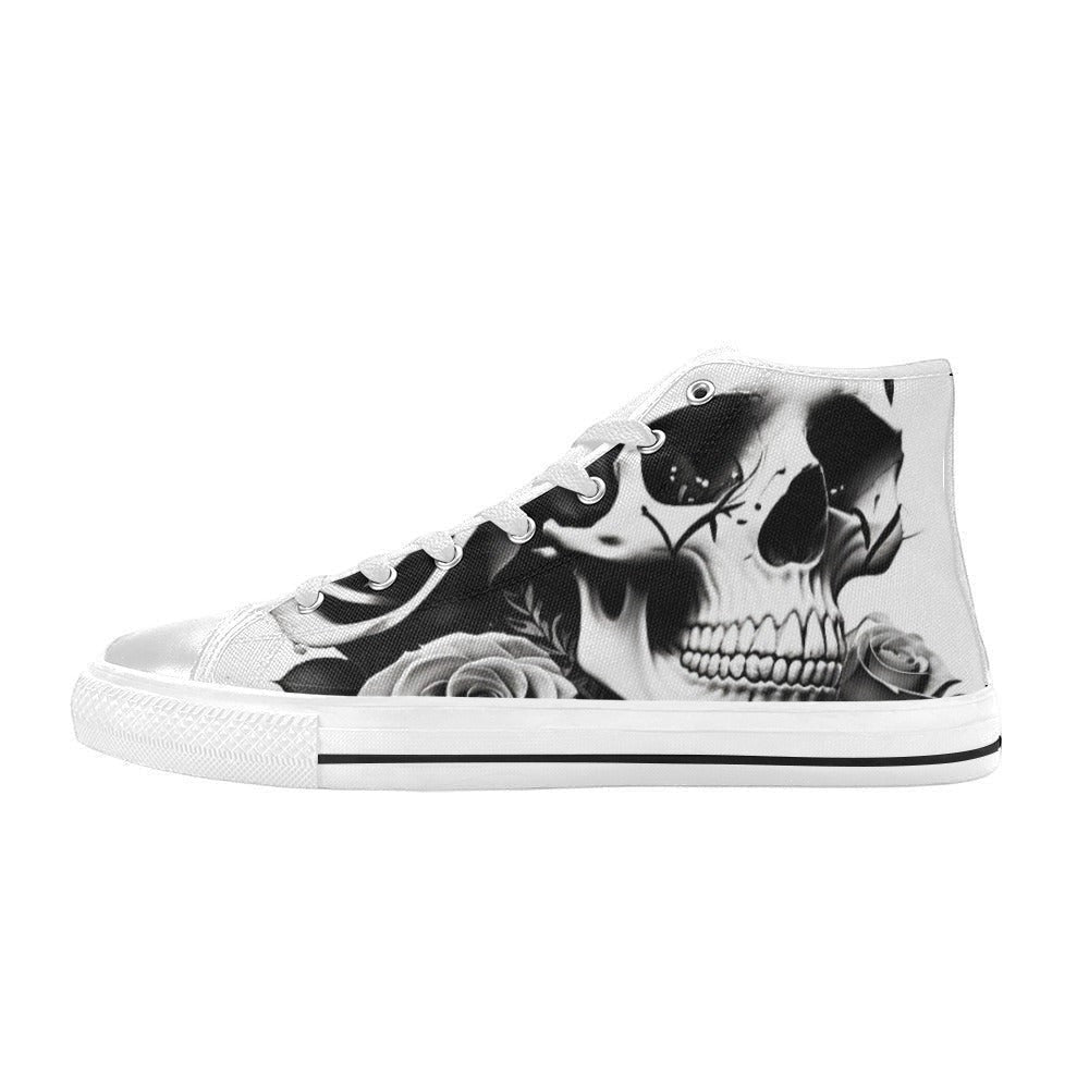 Freaky Shoes custom art sneakers with black and white skull and rose design, made to order