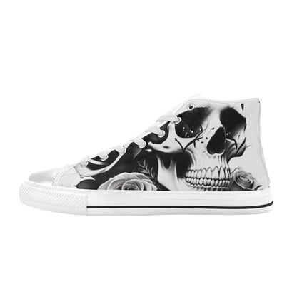 Freaky Shoes custom art sneakers with black and white skull and rose design, made to order
