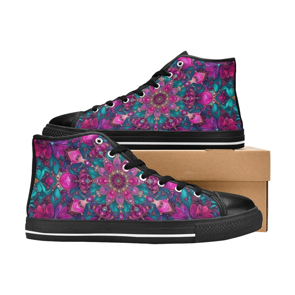WOMEN'S Feminine Jeweled Skull High Top Canvas Neon Fantasy Custom Shoes