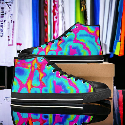 Women's Tie Dye Splash Retro custom high-top canvas shoes — wearable art by Freaky Shoes