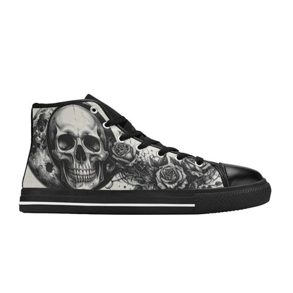 Monochrome Rose Skull Women's Gothic Dark Art High Top Canvas Shoes | Freaky Shoes®