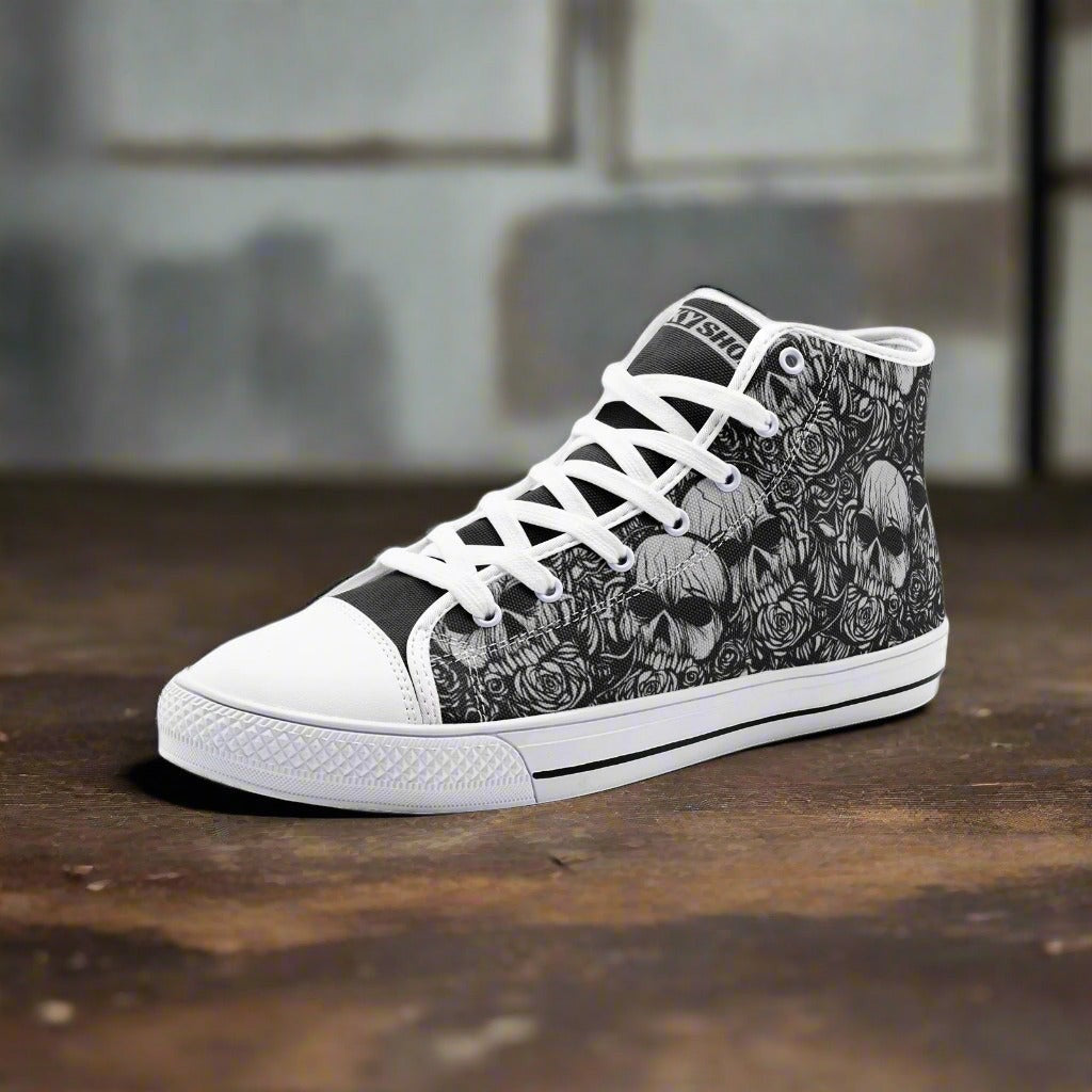 Skulls & Roses Freestyle Art custom high-top canvas shoes — wearable art by Freaky Shoes