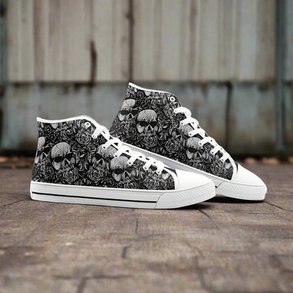 Custom Skulls & Roses Freestyle Art high-top canvas shoes with bold all-over art — Freaky Shoes