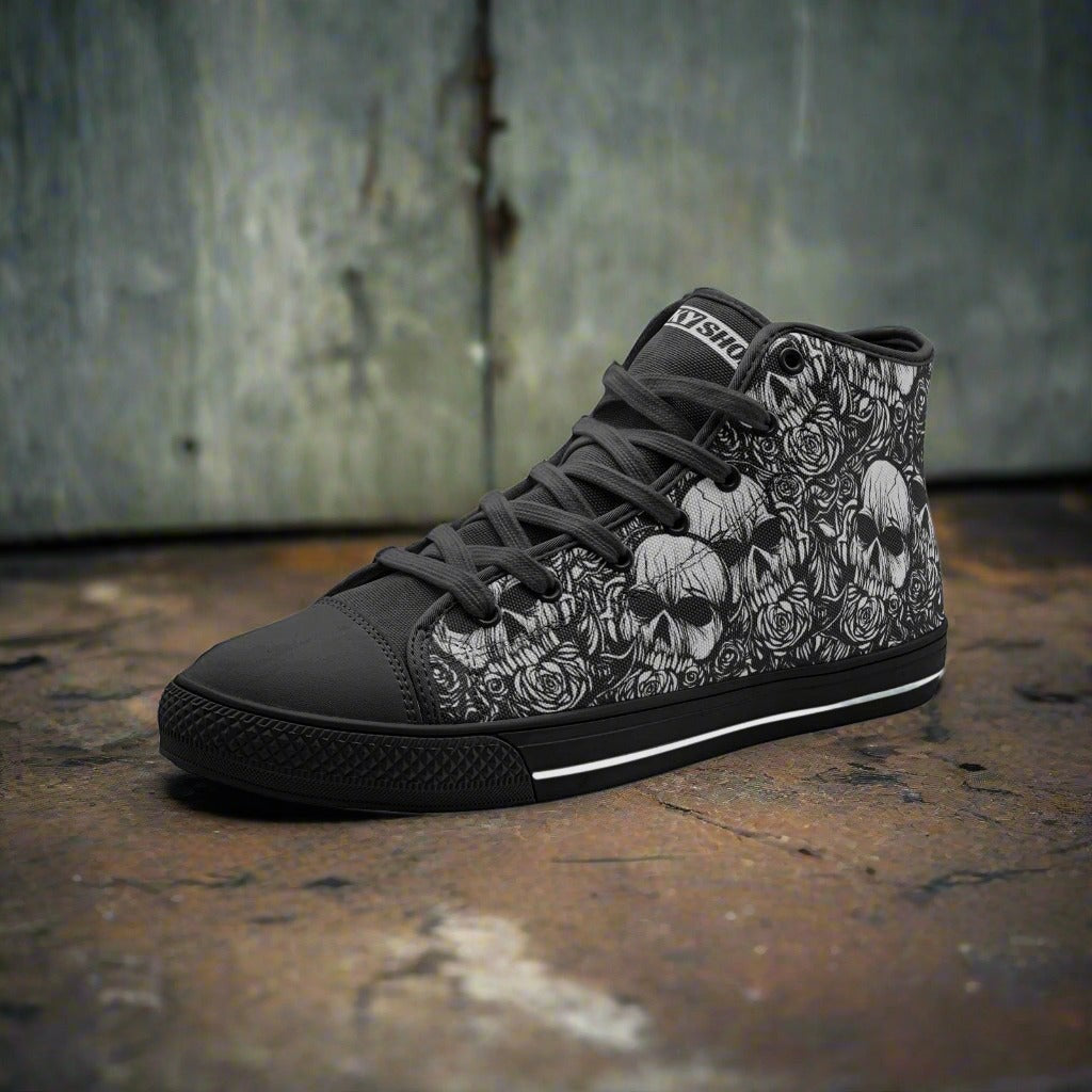 Skulls & Roses Freestyle Art hand-made high-top canvas shoes — unique wearable art by Freaky Shoes