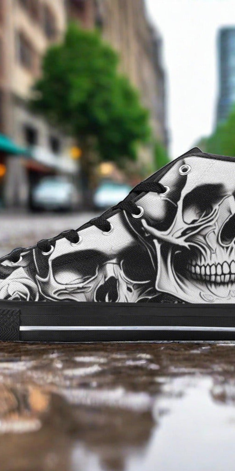 Men's Cartoon Skulls & Roses hand-made high-top canvas shoes — unique wearable art by Freaky Shoes