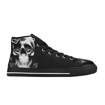 Freaky Shoes custom art sneakers with black high-top design featuring detailed skull art and rose accents, made to order.