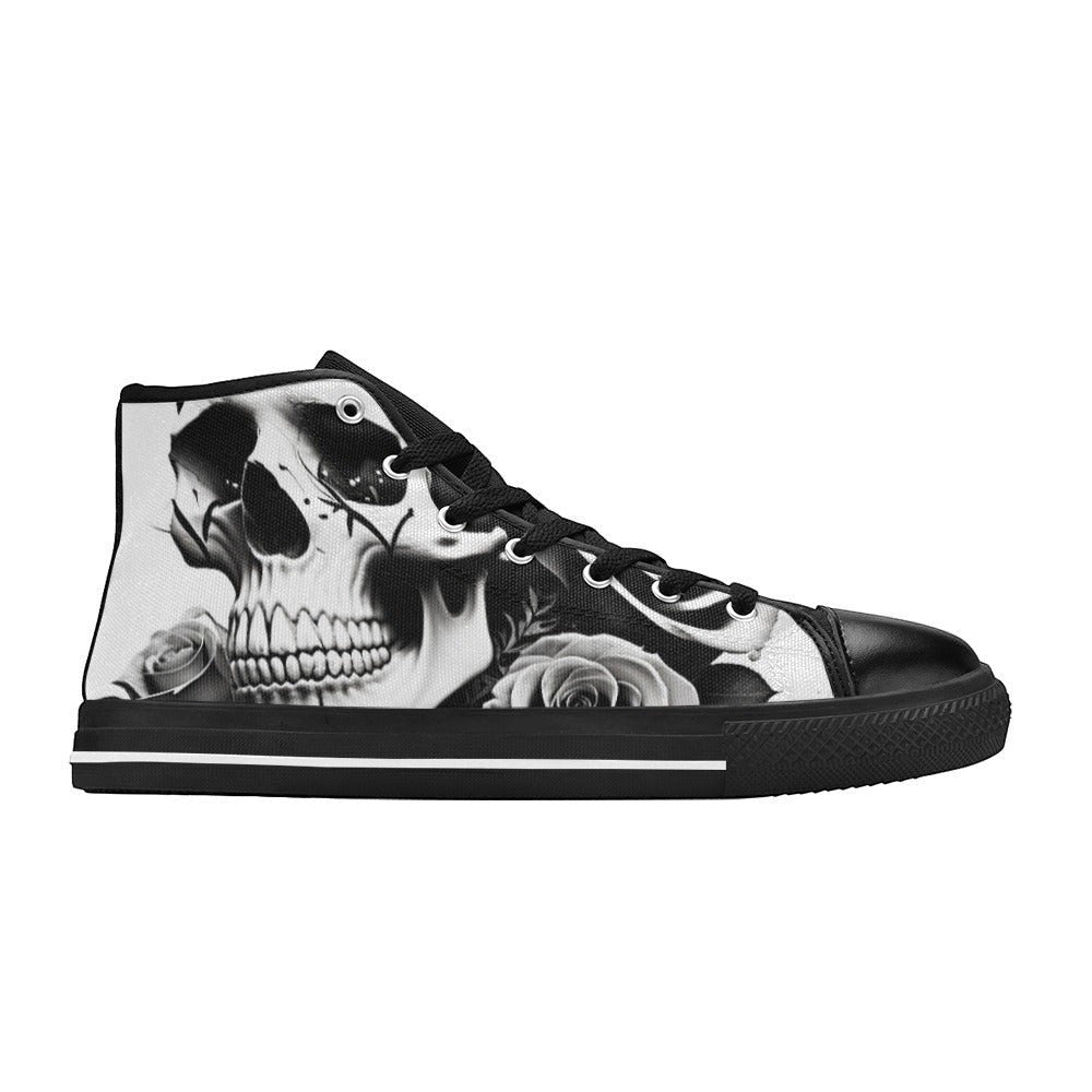 Freaky Shoes custom art sneaker with black and white skull and roses design, made to order