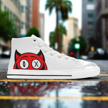Men's Devil custom high-top canvas shoes — wearable art by Freaky Shoes