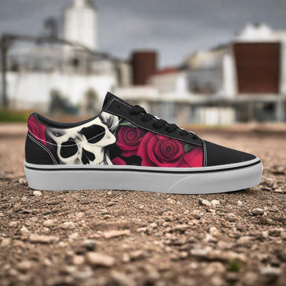 Men's 8x Skulls & Roses custom low-top canvas shoes — wearable art by Freaky Shoes