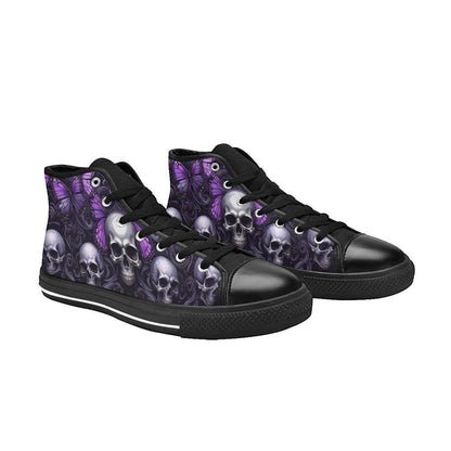 Freaky Shoes custom art sneakers with purple butterfly skull art, made to order wearable art